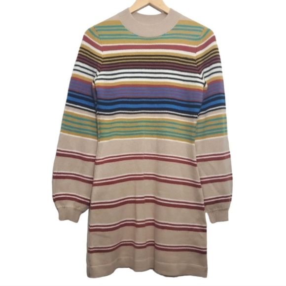 Free People BY THE FIRE Wool Blend Tan Striped Long Sleeve Sweater Dress - Picture 1 of 6